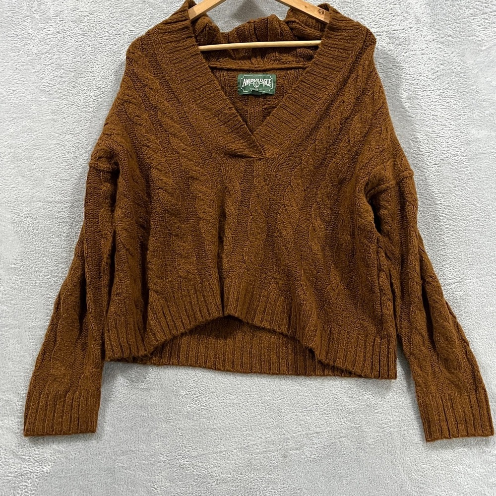 American Eagle Sweater Womens XS Oversized Cropped Hooded Cable Knit Boho Hippie
